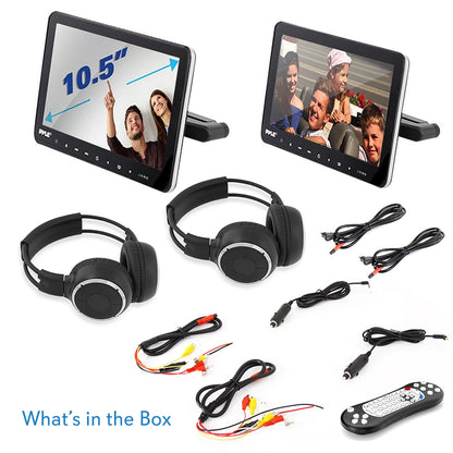Dual Headrest DVD Player - 10.5" LCD, Stereo Speakers, Wireless Headphones