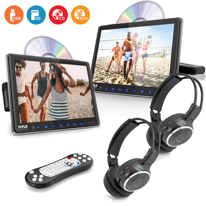Dual Headrest DVD Player - 10.5" LCD, Stereo Speakers, Wireless Headphones