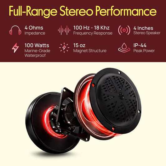 4" Waterproof Marine Speakers, Dual Cone, Polypropylene, Black, 1 Pair