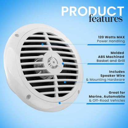 6.5" Marine Speakers Waterproof, 2 Way 120W Polypropylene Cone White