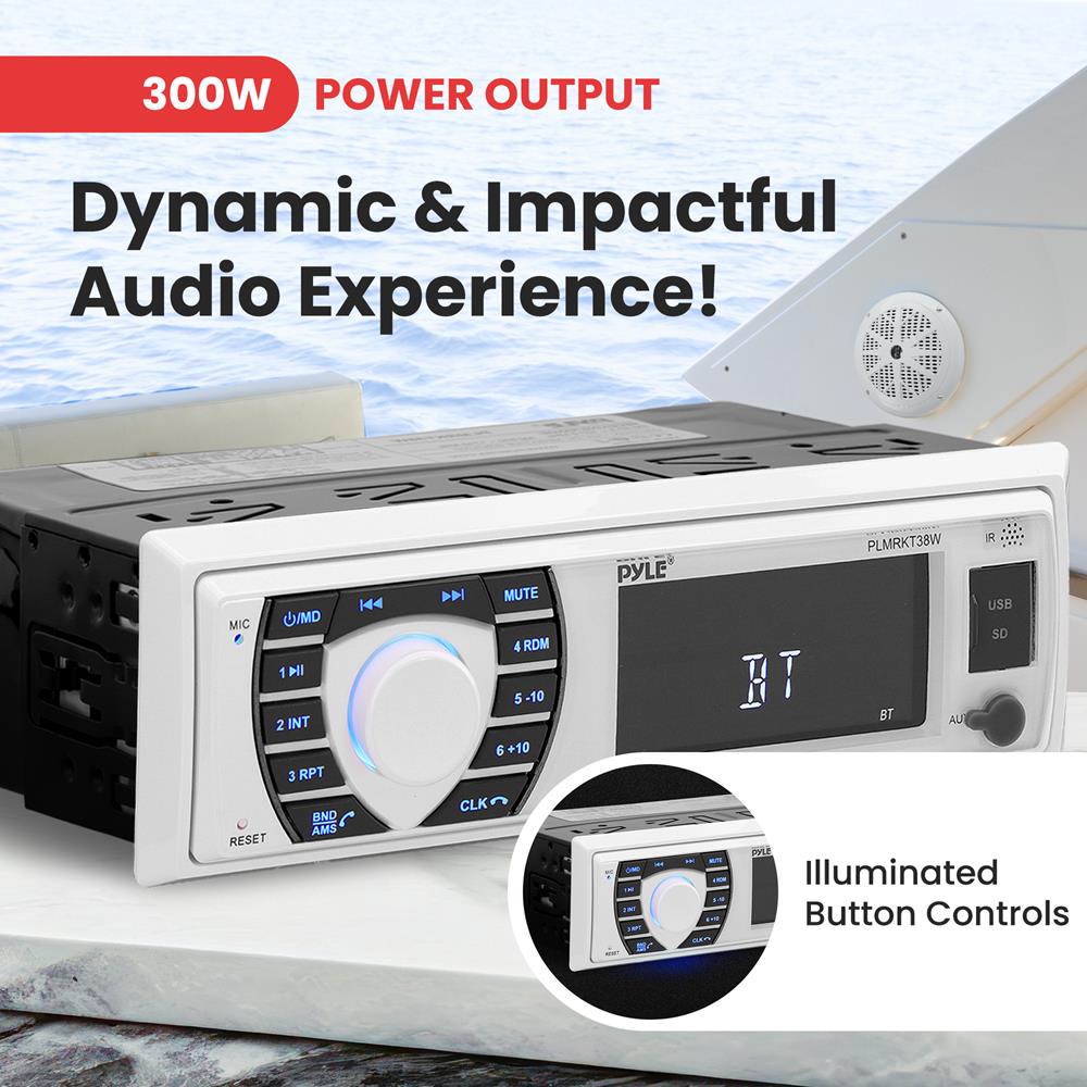 Marine Stereo Receiver Kit Waterproof Bluetooth Speakers White