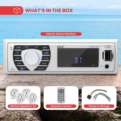 Marine Stereo Receiver Kit Waterproof Bluetooth 4 Speakers White