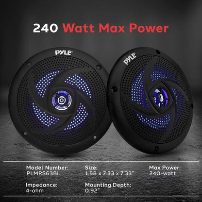 Marine Waterproof Speakers 6.5" - 240W, LED Lights, Slim Style, Blue