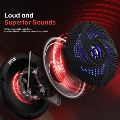 Marine Waterproof Speakers 6.5" - 240W, LED Lights, Slim Style, Blue