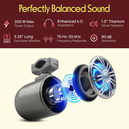 Marine Speakers Waterproof 200W Stainless Steel LED Lights Silver