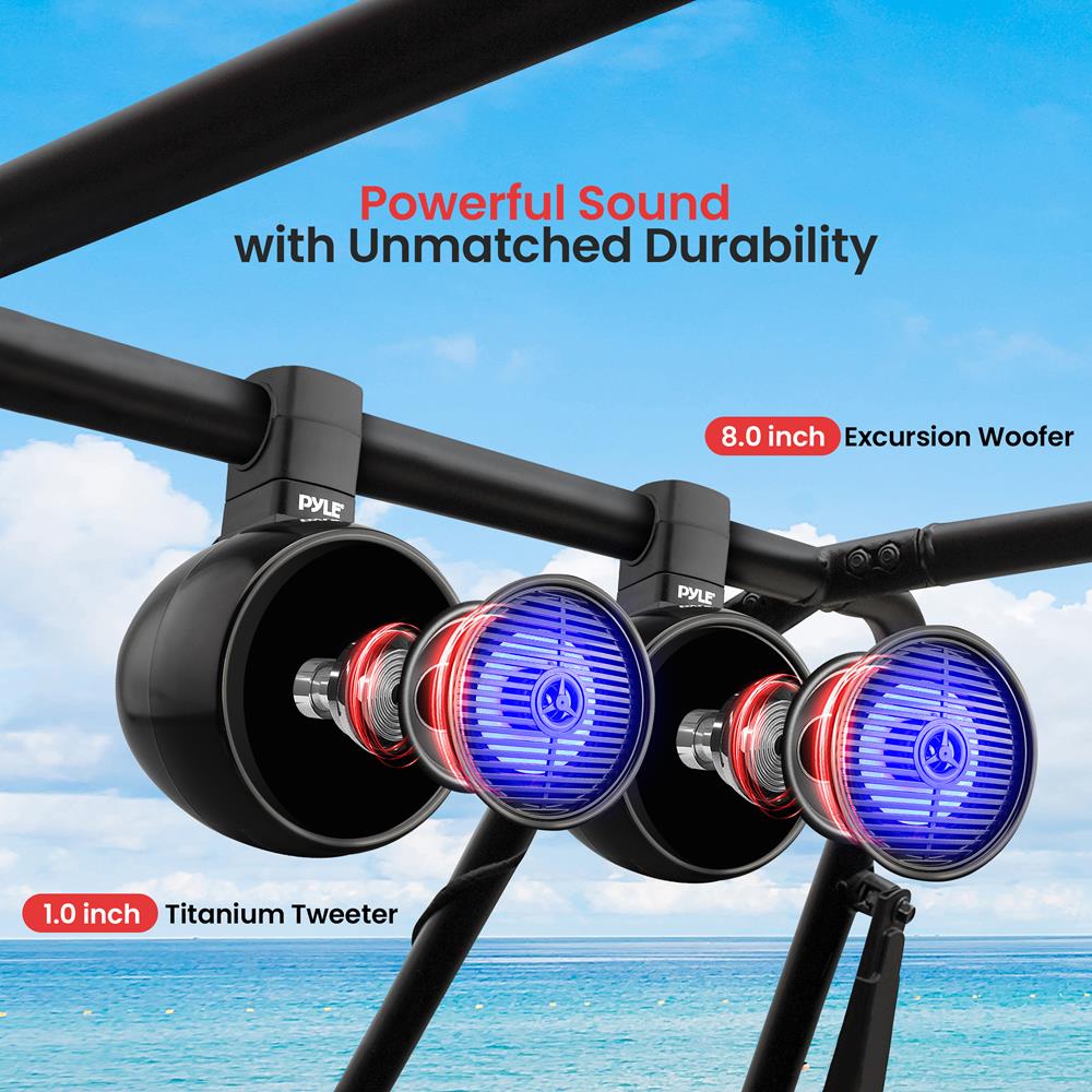 Bluetooth Waterproof Marine Speakers 300W LED 8" 2-Way System - Thumbnail 3