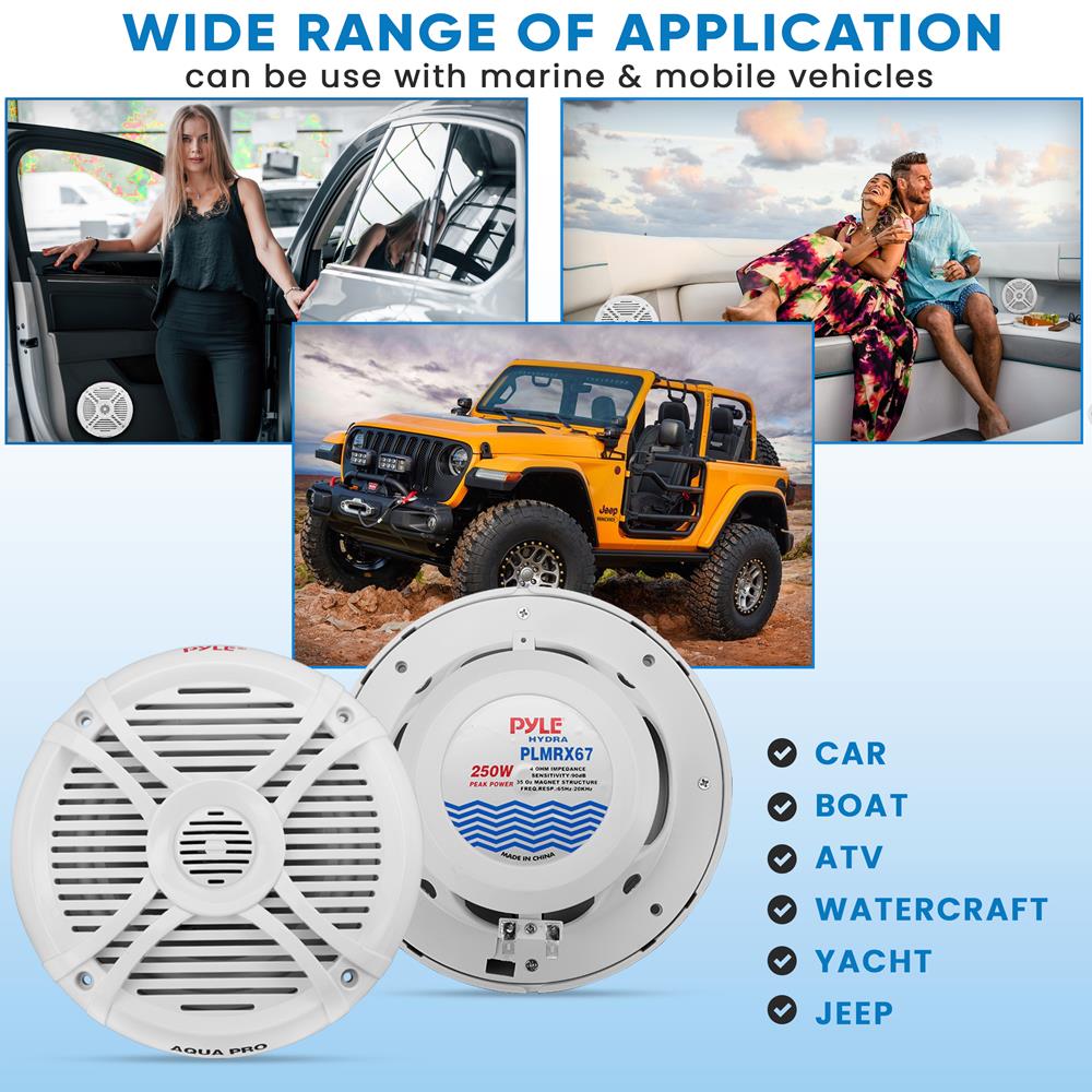Marine Speakers 250W Water Resistant 2-Way Stereo White - Thumbnail 2