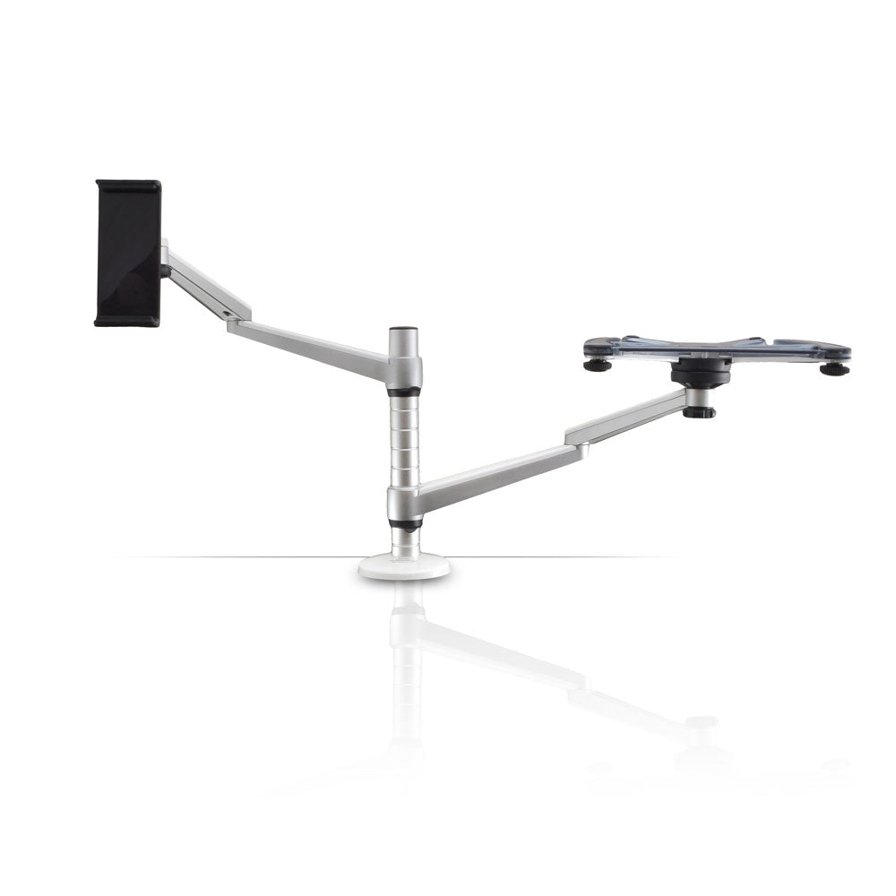 Adjustable Dual Device Stand for Laptop & Tablet, Swivel Base, Padded Clamp