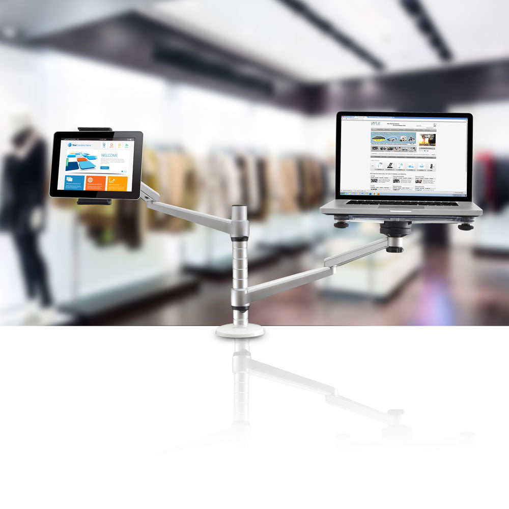 Adjustable Dual Device Stand for Laptop & Tablet, Swivel Base, Padded Clamp - Thumbnail 3