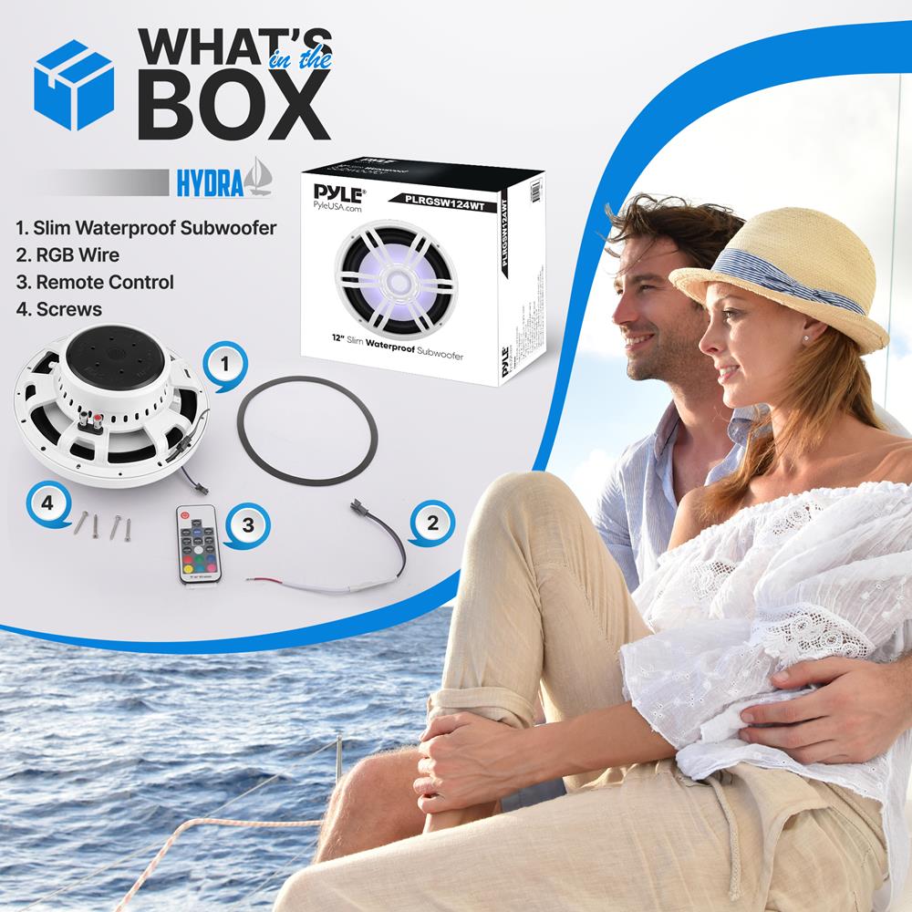 12" Slim Marine Subwoofer 500W Waterproof RGB Lights White - Thumbnail 4