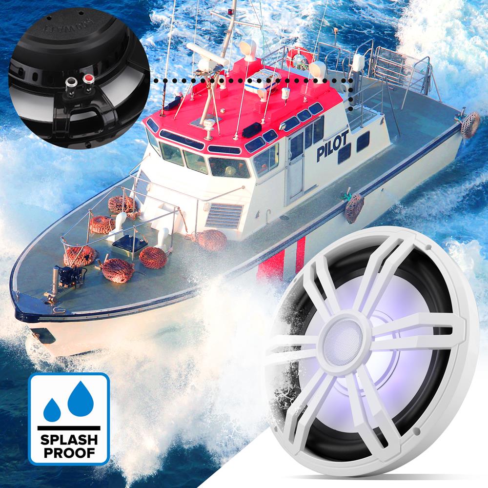 12" Slim Marine Subwoofer 500W Waterproof RGB Lights White - Thumbnail 3