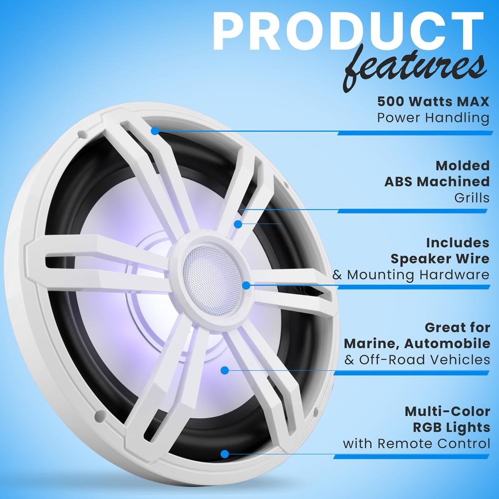 12" Slim Marine Subwoofer 500W Waterproof RGB Lights White - Thumbnail 2