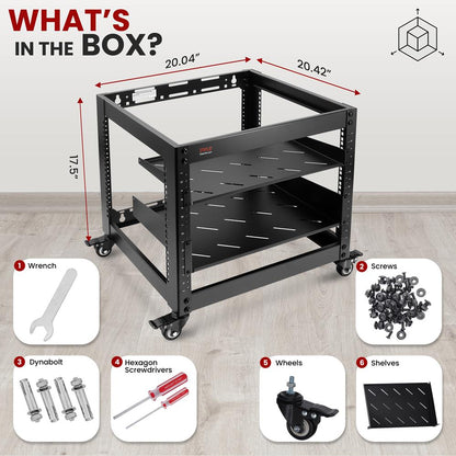 10U Open Frame Server Rack - Heavy-Duty Steel, Lockable Wheels, 440 lbs Capacity