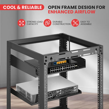 15U Network Cabinet - Open Frame Rack, Wall Mountable Heavy Duty Designs For Servers & Av Gear (Black)