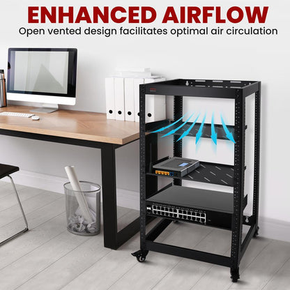 20U Open Frame Server Rack - Easy Mobility, Heavy-Duty Steel, Black