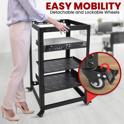20U Open Frame Server Rack - Easy Mobility, Heavy-Duty Steel, Black