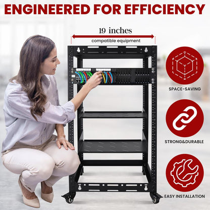 20U Open Frame Server Rack - Easy Mobility, Heavy-Duty Steel, Black