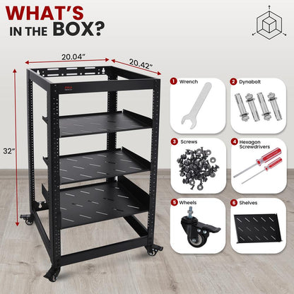 20U Open Frame Server Rack - Easy Mobility, Heavy-Duty Steel, Black