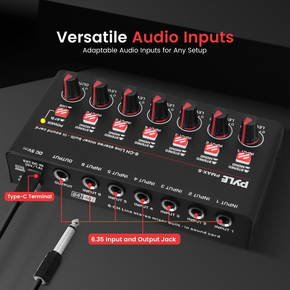 6-Channel Wireless Mixer, Low Noise, USB Sound Card, Compact Size - Thumbnail 5