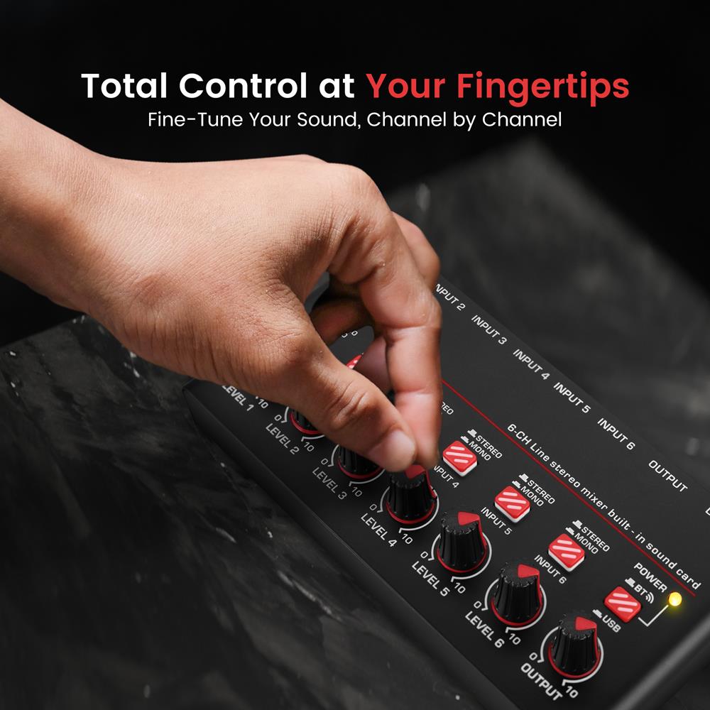 6-Channel Wireless Mixer, Low Noise, USB Sound Card, Compact Size - Thumbnail 4