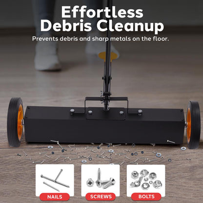 24" Rolling Magnetic Sweeper, Heavy-Duty Metal, Adjustable Handle, Orange