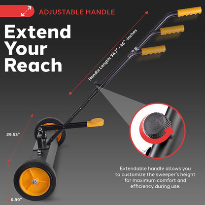 24" Rolling Magnetic Sweeper, Heavy-Duty Metal, Adjustable Handle, Orange