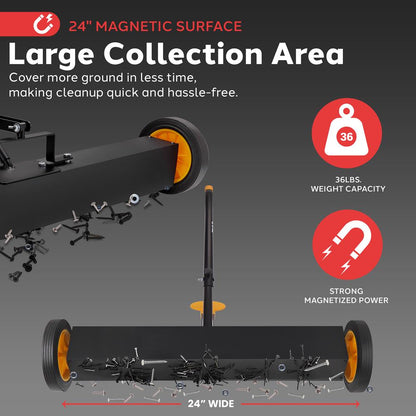 24" Rolling Magnetic Sweeper, Heavy-Duty Metal, Adjustable Handle, Orange