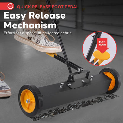 24" Rolling Magnetic Sweeper, Heavy-Duty Metal, Adjustable Handle, Orange