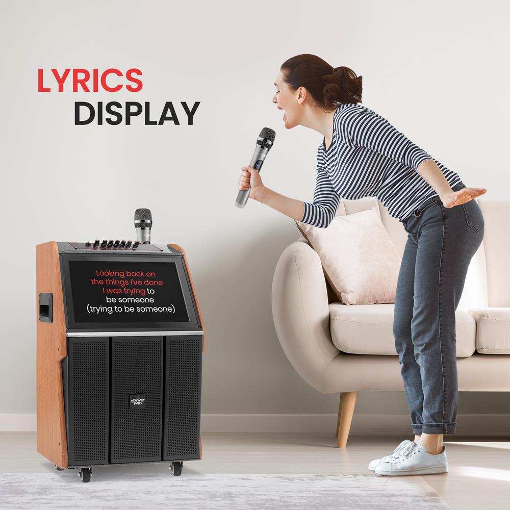 Portable Karaoke Machine, 18.5" Touch Screen, Dual Wireless Mics, Wood/ABS - Thumbnail 3