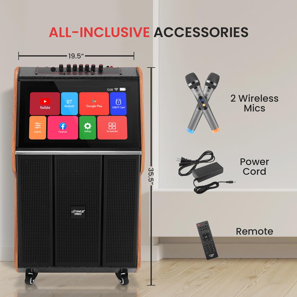 Portable Karaoke Machine, 18.5" Touch Screen, Dual Wireless Mics, Wood/ABS - Thumbnail 2