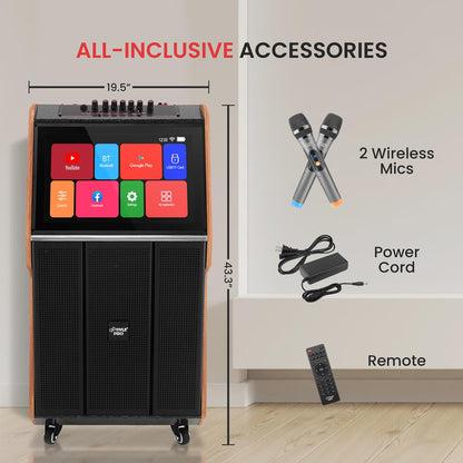 Portable Karaoke Machine, HD Touch Screen, Dual Wireless Mics, Trolley