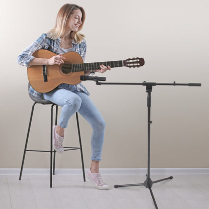 Foldable Tripod Mic Stand, Adjustable Height, Telescoping Boom Arm