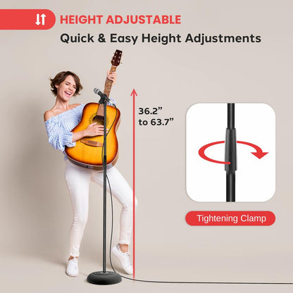 Universal Microphone Stand With Heavy Compact Base - (36.2” - 63.7” -Inches) Adjustable Height  (Black)