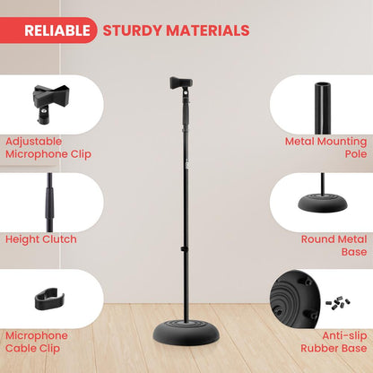 Universal Microphone Stand With Heavy Compact Base - (36.2” - 63.7” -Inches) Adjustable Height  (Black)