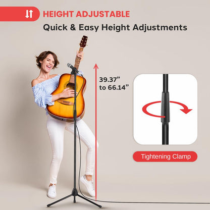 Tripod Microphone Stand, Height Adjustable, Sturdy Steel, Non-Slip Feet