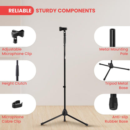 Tripod Microphone Stand, Height Adjustable, Sturdy Steel, Non-Slip Feet