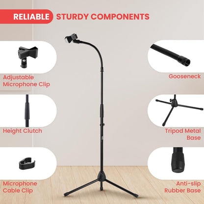 Tripod Mic Stand, Secure Hold, Adjustable 52"-79", Sturdy Steel