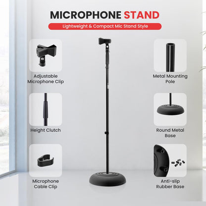 Microphone Stand - Universal Mic Mount With Heavy Compact Base, Height Adjustable (Pair)