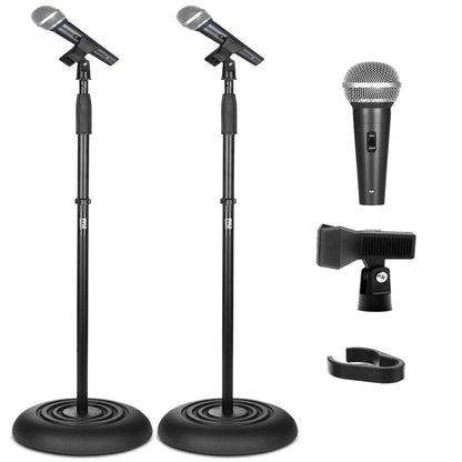 Pyle 2 Microphone Stand With Mic Kit – Adjustable Height Stand, Dynamic Microphone, 3-Meter Xlr Cable, Heavy-Duty Base, Cardioid Pickup Pattern