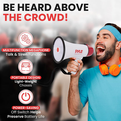 20W Megaphone Bullhorn, 800-Yard Range, Siren Mode, White