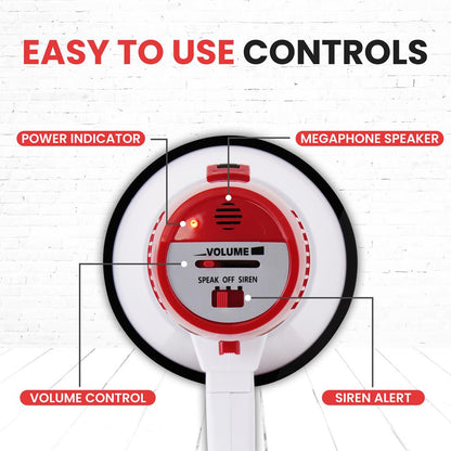 20W Megaphone Bullhorn, 800-Yard Range, Siren Mode, White