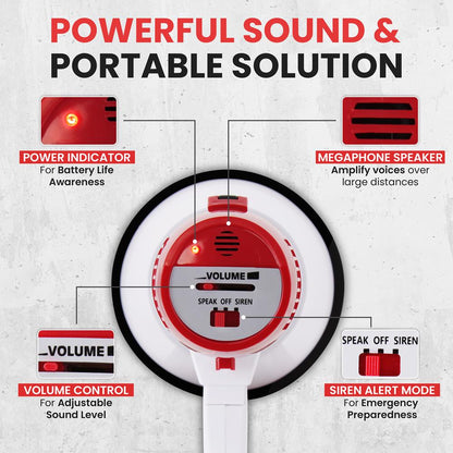 20W Megaphone Bullhorn, 800-Yard Range, Siren Mode, White