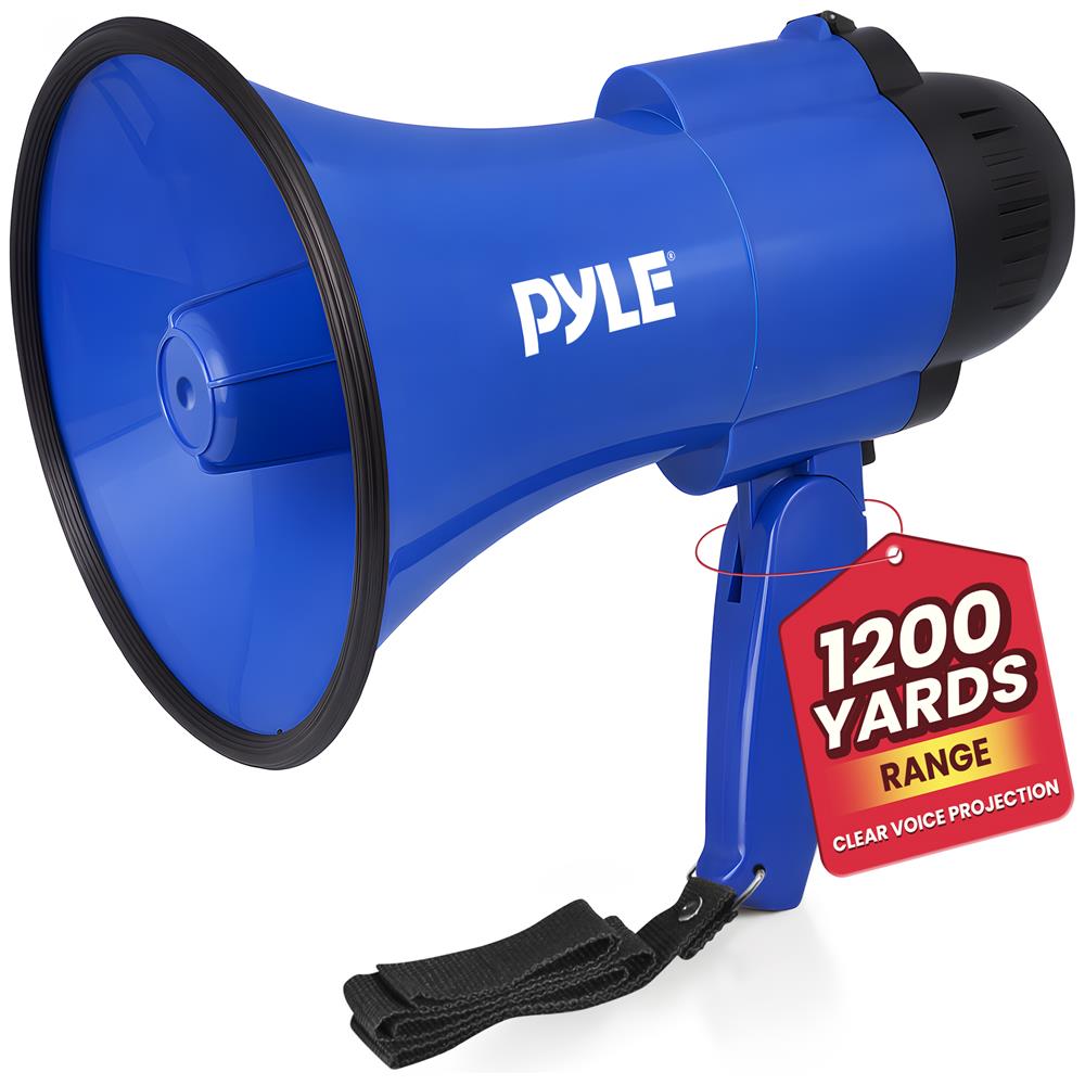 Compact Megaphone with Siren, 30W Power, Foldable Handle, Blue