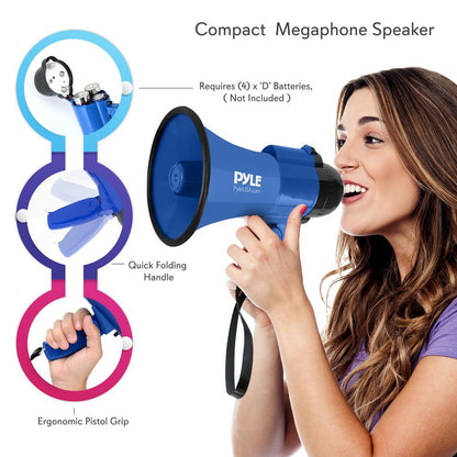 Compact Megaphone with Siren, 30W Power, Foldable Handle, Blue