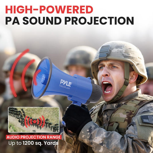 Compact Megaphone with Siren, 30W Power, Foldable Handle, Blue