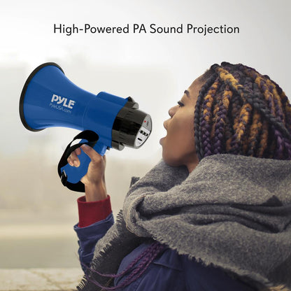 Compact Megaphone with Siren, 30W Power, Foldable Handle, Blue
