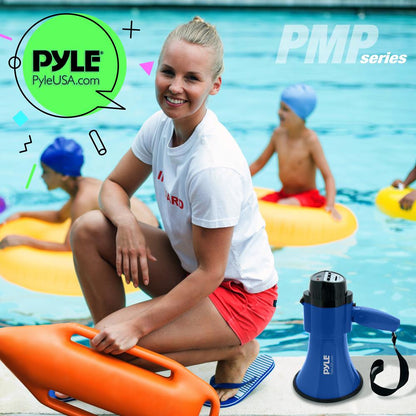 Compact Megaphone with Siren, 30W Power, Foldable Handle, Blue