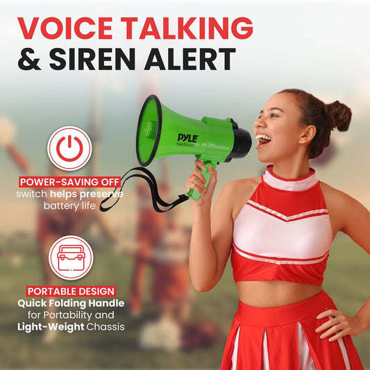 Compact Megaphone with Siren, 30W Power, Foldable Handle, Green