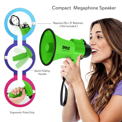 Compact Megaphone with Siren, 30W Power, Foldable Handle, Green