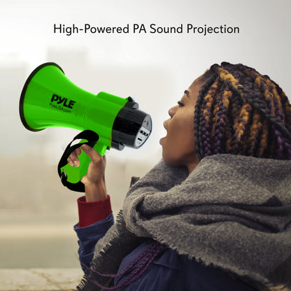 Compact Megaphone with Siren, 30W Power, Foldable Handle, Green